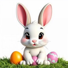 Fototapeta premium Cartoon rabbit holding colorful eggs on green grass