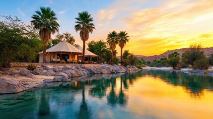 A serene riverside scene at sunset, featuring palm trees and a tented structure, reflecting vibrant colors in the water.