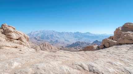 Fototapeta premium Desert mountain vista, high viewpoint, clear sky, vast landscape, scenic view, possible use for travel brochure, or nature wallpaper
