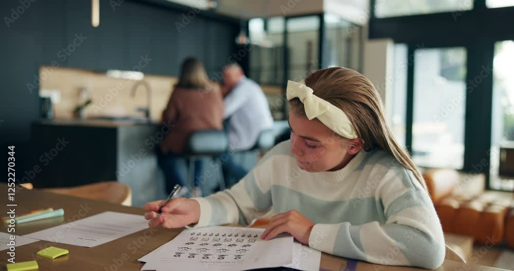 Poster study, girl and writing homework in home for school assignment, knowledge development and circle ans