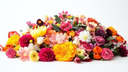 Colorful flower pile, studio shot, white background, floral arrangement