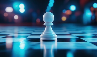 White chess pawn on board, city lights background; strategy concept