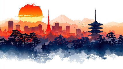Obraz premium Tanabata: The Festival of Stars and Wishes on Bamboo Vibrant Sunset Over Tokyo Skyline with Mount Fuji Background