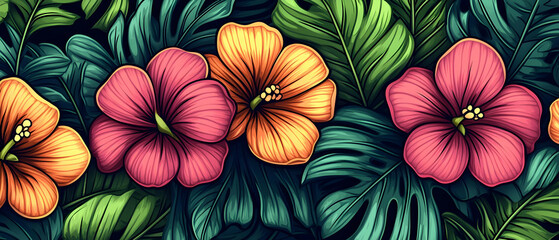 Hibiscus flowers, lush leaves, tropical paradise