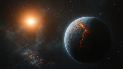 Obraz premium Rogue Exoplanet Drifting Through Space with Glowing Geothermal Cracks
