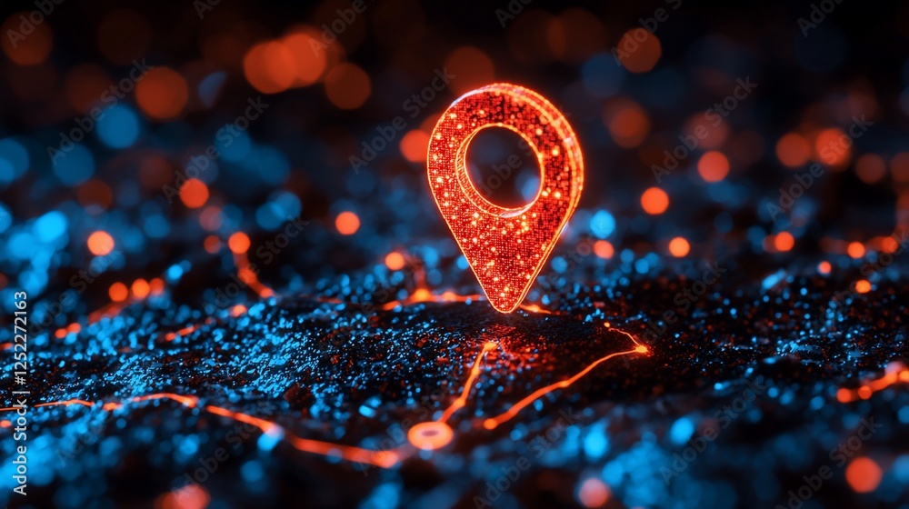 Poster Glowing location pin on dark terrain, digital map background; website navigation