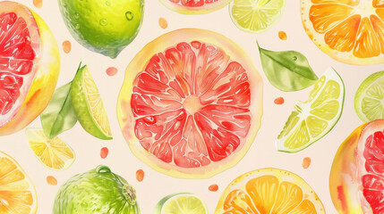 vibrant watercolor pattern featuring grapefruit, lime, and orange slices, showcasing their juicy...