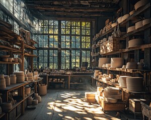 Sunlit pottery workshop interior, showcasing handcrafted creations. Possible use Stock photography for design inspiration, interior design, crafts, and rural settings
