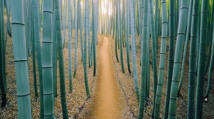 Obraz premium A serene bamboo forest path stretches into the distance, framed by tall green bamboo stalks with sunlight filtering through the leaves.