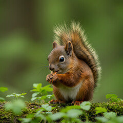 Cute red squirrel, Sciurus vulgaris, eating a nut in a green spring forest with copy space. Lovely wild animal with long ears and fluffy tail feeding in ...