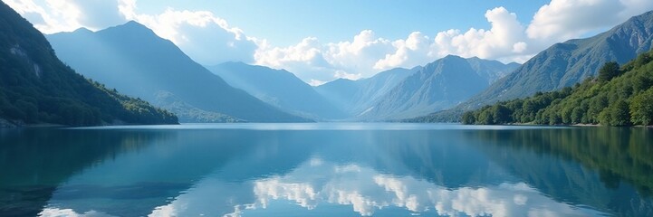 Clouds reflected on calm and peaceful lake surface amidst a stunning mountain backdrop, mountain, scenery, serenity