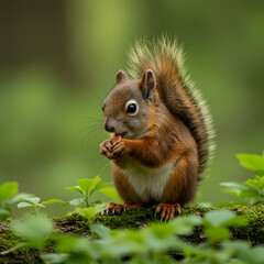 Obraz premium Squirrel Eating Nut in Forest Environment with Green Leaves