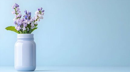Naklejka premium Pastel flowers in jar, light blue background, spring, greeting card