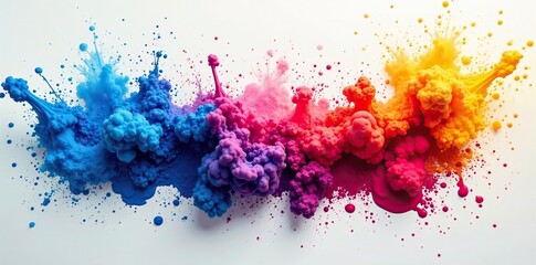Fototapeta premium Multi colored ink splash with neon effect on white canvas, art, ink