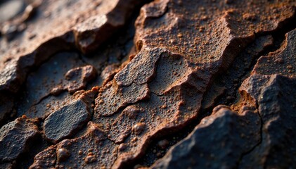 Rough dark brown stone texture with visible mineral inclusions, stone, closeup