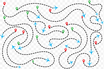 Airplane line path icon of air plane flight route. Airplane travel concept, symbol on isolated background. Flat black airplane flying and leave a black dashed trace line. vector. Eps 10.