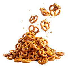 Falling Salted Pretzels Isolated on White Background