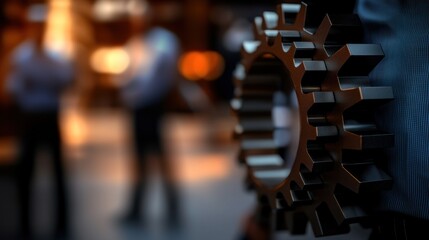 Obraz premium Industrial gear in the foreground with blurred professionals networking in a modern setting