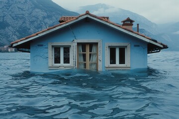 A blue house partially submerged in water, surrounded by mountains, depicting the impact of flooding or rising water levels.
