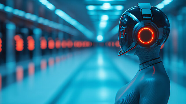 Futuristic 3d robot in a glowing, abstract environment, blending technology and design
