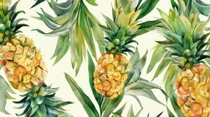 Fotobehang vibrant seamless watercolor pattern featuring pineapples and tropical leaves, perfect for summer designs © PuriStudio