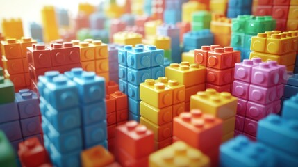 Colorful plastic blocks forming a city skyline.