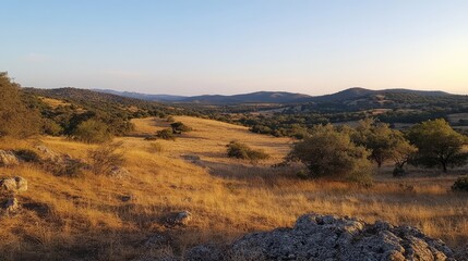 A calm countryside with rolling hills, bathed in the gentle sunrise light of Easter morning.