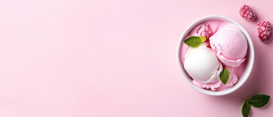Delicious Bowl of Ice Cream with Raspberries and Mint Leaves