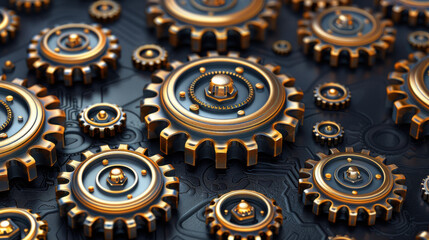 seamless pattern of interlocking gears in various metallic colors creates dynamic and intricate design