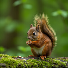 Obraz premium Brown Squirrel Eating on Mossy Log in Forest