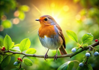Spring's vibrant blur surrounds a charming robin, captured in a shallow depth of field.