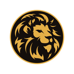 Lion head facing sideways inside a gold and dark circle messy lion hair illustrator logo design