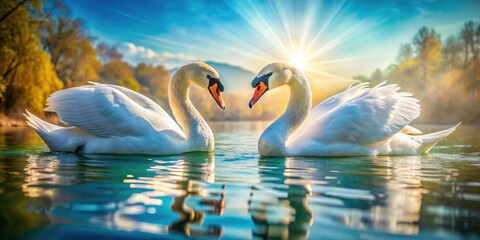 Obraz premium Springtime's graceful swans, reflected in the lake's still water, make for breathtaking pictures.