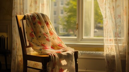 A floral-patterned scarf elegantly draped over a wooden chair with soft sunlight filtering through, creating an Easter Sunday-inspired mood.