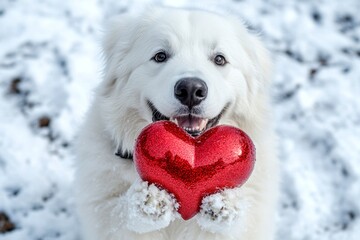 Digital ads furry friend concept. Great pyrenees - my beloved dog, symbol of friendship. Cute great pyrenees dog with sparkling rhinestones red heart on a walk in a winter green space.
