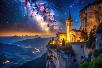 Fototapeta premium Starry nights illuminate Madonna della Corona. Italy's stunning sanctuary, a celestial masterpiece.