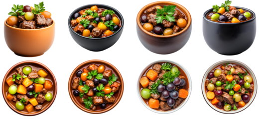 Collection of various a hearty beef stew with grapes added for a sweet and savory flavor isolated on white transparent background PNG set
