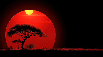 Obraz premium serene landscape at dusk with large red sun setting behind silhouette of trees, creating tranquil atmosphere