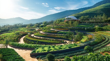 A panoramic shot of vibrant terraced vegetable gardens on a mountain slope, with winding paths leading through the lush greenery under a bright, clear sky.