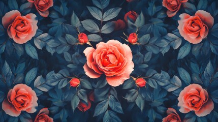 Symmetrical Rose Pattern with Teal Leaves Floral Backdrop and Eye Catching Rose in the Center