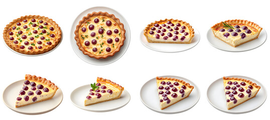 Collection of various a slice of quiche with grapes incorporated into the filling, served on a plate isolated on white transparent background PNG set