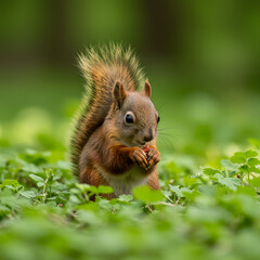 Cute red squirrel, Sciurus vulgaris, eating a nut in a green spring forest with copy space. Lovely wild animal with long ears and fluffy tail feeding in ...