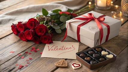 Romantic Valentine’s Gift Box with Red Roses, Chocolates & Love Note on Rustic Table – Cozy Warm Lighting for a Perfect Love Scene.