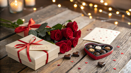 Romantic Valentine’s Gift Box with Red Roses, Chocolates & Love Note on Rustic Table – Cozy Warm Lighting for a Perfect Love Scene.