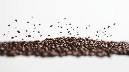 Roasted coffee beans falling on pile, white background, food product photography