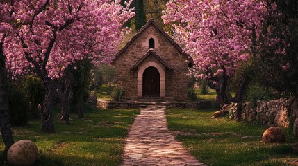 Obraz premium A pathway lined with cherry blossoms leading to a small stone chapel, inviting Easter reflection and peace.