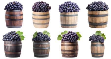 Collection of various grapes undergoing fermentation in a large barrel for wine production isolated on white transparent background PNG set