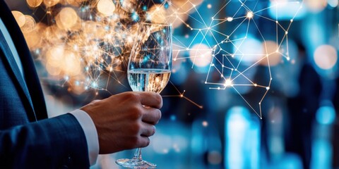A modern business leader networking at an exclusive business gala, holding a champagne glass, luxury corporate event setting