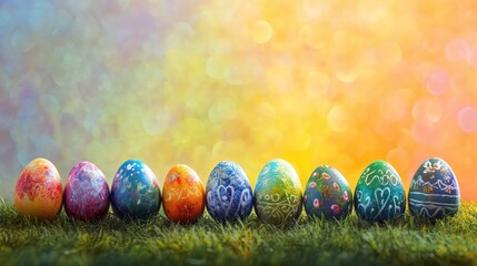 A row of vibrantly painted Easter eggs at the top of a grassy slope, waiting for the competition to begin. The background features a soft bokeh effect for copy space.