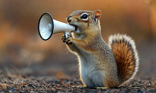 A playful squirrel using a megaphone in a vibrant outdoor setting during sunset